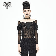 Load image into Gallery viewer, TT169 Gothic Off The Shoulder Back Swing Collar Printed Mesh T-shirt