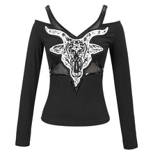 Load image into Gallery viewer, TT178 Devil sheep head printed long-sleeved off-the-shoulder T-shirt