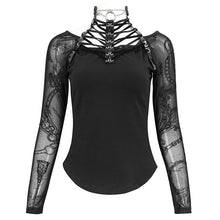 Load image into Gallery viewer, TT236 Punk chain flocked print off-the-shoulder T-shirt