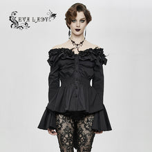 Load image into Gallery viewer, ESHT006 horizontal neck elastic rubber waist stretchy women black shirts with rose flower