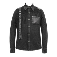 Load image into Gallery viewer, SHT049 Spring asymmetric design mesh spliced punk rock black men shirts with straps and pocket