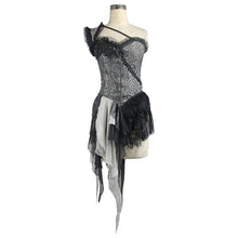 Load image into Gallery viewer, ECST002 Black and silver irregular chiffon lace and ruffles hem corset with shoulder strap