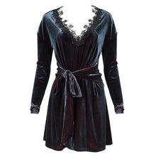 Load image into Gallery viewer, SKT141 daily life Black and red deep V neck sexy girls velvet loose lace belted dress