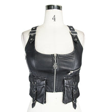 Load image into Gallery viewer, WT01001 Women black and silver punk short faded leather waistcoat with pockets