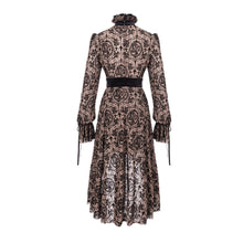 Load image into Gallery viewer, SKT09802 everyday apricot Queen see through printed long sleeves velvet belted dress with tie