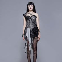 Load image into Gallery viewer, ECST002 Black and silver irregular chiffon lace and ruffles hem corset with shoulder strap