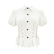 Load image into Gallery viewer, SHT044 Summer Steampunk short puff sleeve women cotton and linen tying white blouse