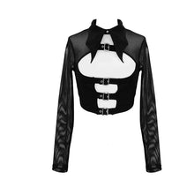 Load image into Gallery viewer, TT122 everyday summer bat collar hollow out mesh long sleeves women midriff-baring tops