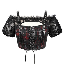 Load image into Gallery viewer, TT165 Scottish red plaid off shoulder sling short T-shirt