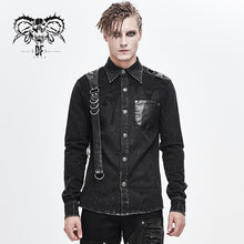 Load image into Gallery viewer, SHT049 Spring asymmetric design mesh spliced punk rock black men shirts with straps and pocket