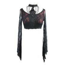 Load image into Gallery viewer, ETT010 Summer black and red sexy women lace sleeve ultrashort halter t-shirt with bead chains
