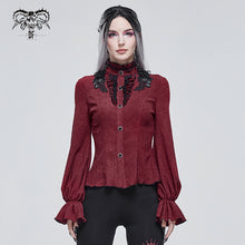 Load image into Gallery viewer, SHT07602 red daily flowers shoulder flared sleeves striped laced up gothic sexy women blouse