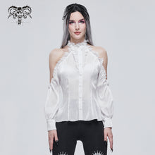 Load image into Gallery viewer, SHT08102 stand collar white fitted waist sexy ladies off the shoulder vertical striped lace Gothic shirts