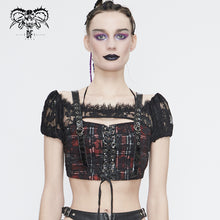 Load image into Gallery viewer, TT165 Scottish red plaid off shoulder sling short T-shirt