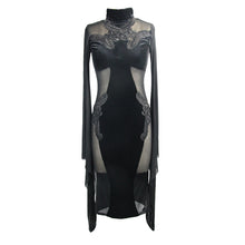 Load image into Gallery viewer, ESKT020 Gothic Cross shape stand collar flared sleeves sexy ladies stretchy middle length velvet dress