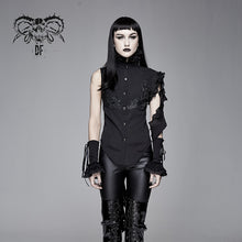Load image into Gallery viewer, SHT04001 Summer Gothic black women twining ruffled lace sleeves swallowtail chiffon blouse