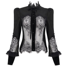 Load image into Gallery viewer, ESHT011 small stand collar long sleeves see through lace paneled sexy women black gothic blouse