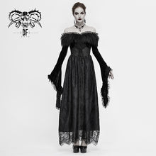 Load image into Gallery viewer, SKT120 Gothic off shoulder lace pleated sexy women formal long dress with fur collar