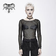 Load image into Gallery viewer, TT135 punk skeleton palm leather embroidery fetish sexy women round collar mesh T-shirt