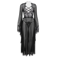Load image into Gallery viewer, ESX004 see through flared sleeve lace black long night dress sexy lingerie