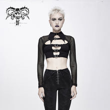 Load image into Gallery viewer, TT122 everyday summer bat collar hollow out mesh long sleeves women midriff-baring tops