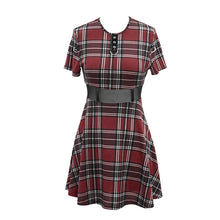 Load image into Gallery viewer, SKT109 daily life cool girls mesh waist stretchy mid-length Scottish red plaid dress with chains
