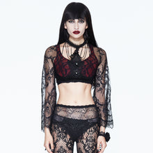 Load image into Gallery viewer, ETT010 Summer black and red sexy women lace sleeve ultrashort halter t-shirt with bead chains