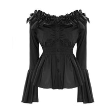 Load image into Gallery viewer, ESHT006 horizontal neck elastic rubber waist stretchy women black shirts with rose flower