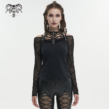 Load image into Gallery viewer, TT236 Punk chain flocked print off-the-shoulder T-shirt