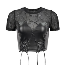 Load image into Gallery viewer, TT194 Cracked mesh leather spliced women's short sleeves top