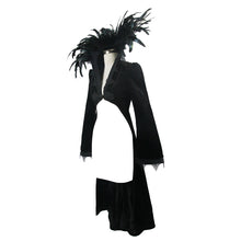 Load image into Gallery viewer, ECT004 Festival short front long back feather stand collar velveteen gothic women black long coat