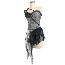 Load image into Gallery viewer, ECST002 Black and silver irregular chiffon lace and ruffles hem corset with shoulder strap