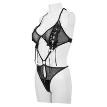 Load image into Gallery viewer, SX008 punk mesh black leather spliced one-piece sexy lingerie