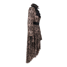 Load image into Gallery viewer, SKT09802 everyday apricot Queen see through printed long sleeves velvet belted dress with tie