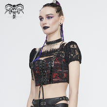 Load image into Gallery viewer, TT165 Scottish red plaid off shoulder sling short T-shirt