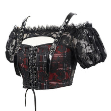 Load image into Gallery viewer, TT165 Scottish red plaid off shoulder sling short T-shirt
