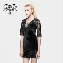 Load image into Gallery viewer, SKT030 daily lace raglan sleeves rose mesh flocking sexy women deep V velvet dress with lotus leaf