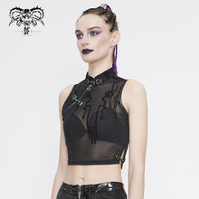 Load image into Gallery viewer, TT170 Cyberpunk Flocking Mesh Stand Collar Short T-shirt