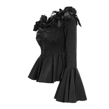 Load image into Gallery viewer, ESHT006 horizontal neck elastic rubber waist stretchy women black shirts with rose flower