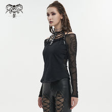 Load image into Gallery viewer, TT236 Punk chain flocked print off-the-shoulder T-shirt
