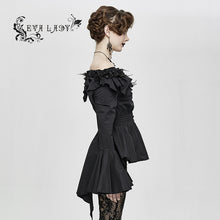 Load image into Gallery viewer, ESHT006 horizontal neck elastic rubber waist stretchy women black shirts with rose flower