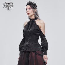 Load image into Gallery viewer, SHT08101 summer black fitted waist sexy women off the shoulder vertical striped lace Gothic blouse