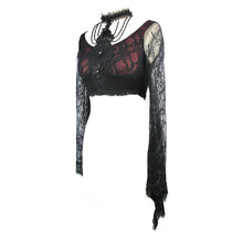 Load image into Gallery viewer, ETT010 Summer black and red sexy women lace sleeve ultrashort halter t-shirt with bead chains