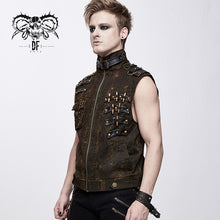 Load image into Gallery viewer, WT038 brown steampunk high collar lace up back zipper up men waistcoat with pockets