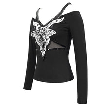 Load image into Gallery viewer, TT178 Devil sheep head printed long-sleeved off-the-shoulder T-shirt