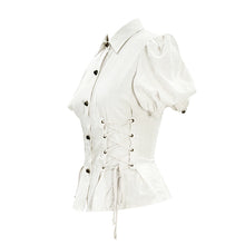 Load image into Gallery viewer, SHT044 Summer Steampunk short puff sleeve women cotton and linen tying white blouse
