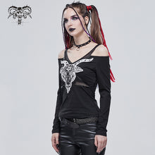 Load image into Gallery viewer, TT178 Devil sheep head printed long-sleeved off-the-shoulder T-shirt