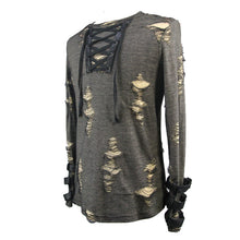 Load image into Gallery viewer, TT099 Autumn everyday wear men black and apricot broken holes punk long sleeves T-shirt