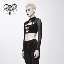 Load image into Gallery viewer, TT122 everyday summer bat collar hollow out mesh long sleeves women midriff-baring tops