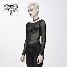Load image into Gallery viewer, TT135 punk skeleton palm leather embroidery fetish sexy women round collar mesh T-shirt